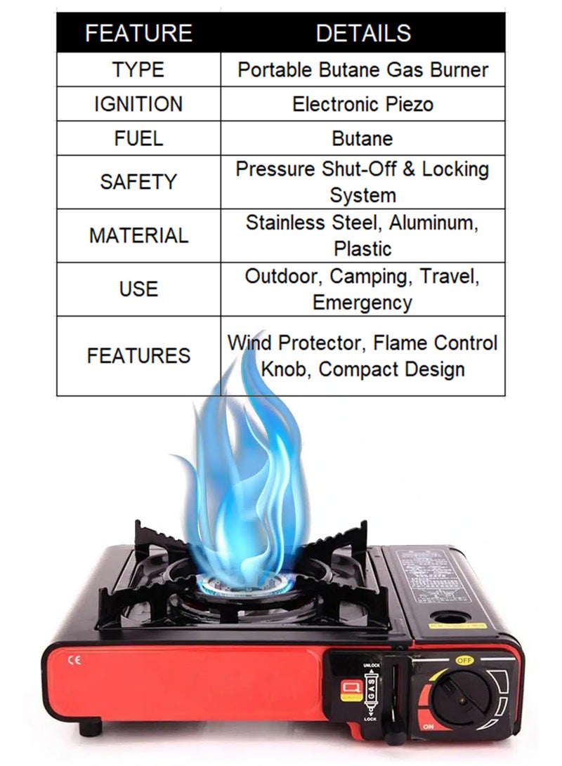 DBLEW Portable Butane Gas Stove Single Burner Outdoor Camping Cooking Stove with Safety Lock, Windproof Shield, Adjustable Flame & Automatic Electronic Ignition Ideal for Travel, Picnic, BBQ, and Emergency Use - Image 2