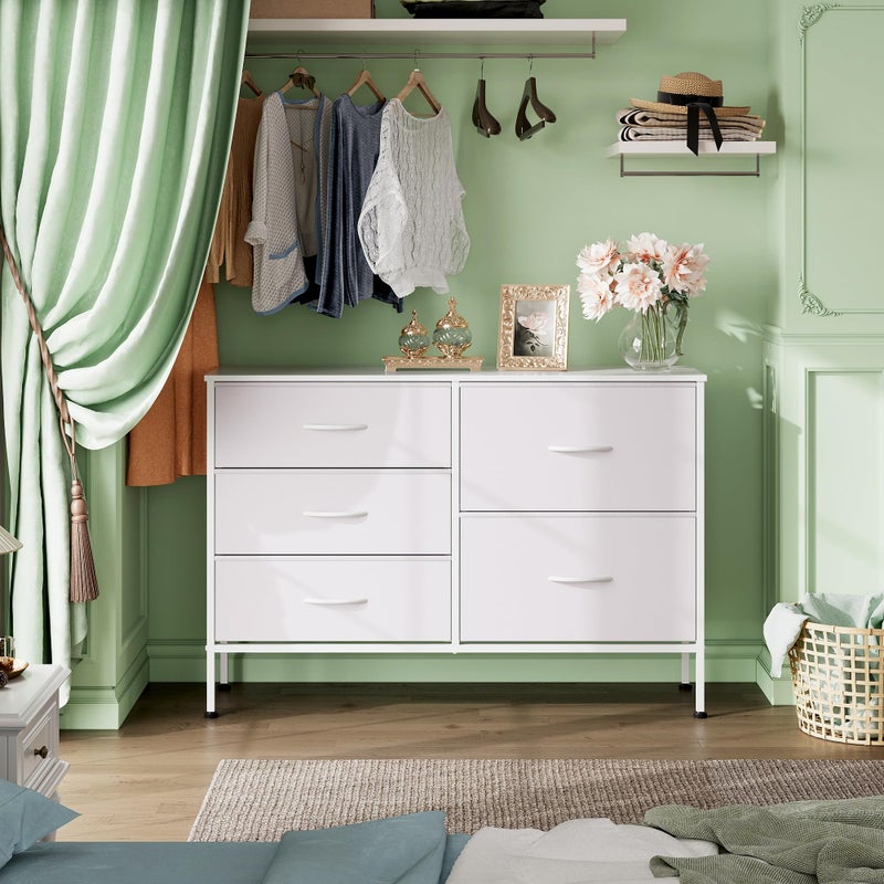 WLIVE White Dresser for Bedroom with 5 Drawers, Fabric Dresser for Living Room, Wide Chest of Drawers for Bedroom, Closet, Hallway, White - Image 3