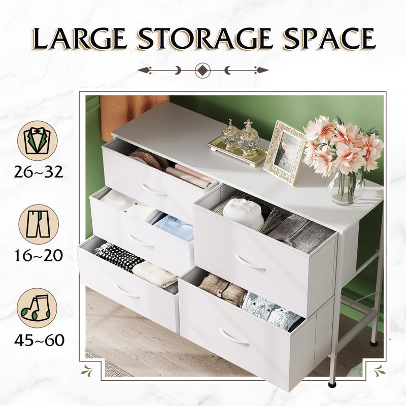 WLIVE White Dresser for Bedroom with 5 Drawers, Fabric Dresser for Living Room, Wide Chest of Drawers for Bedroom, Closet, Hallway, White - Image 4