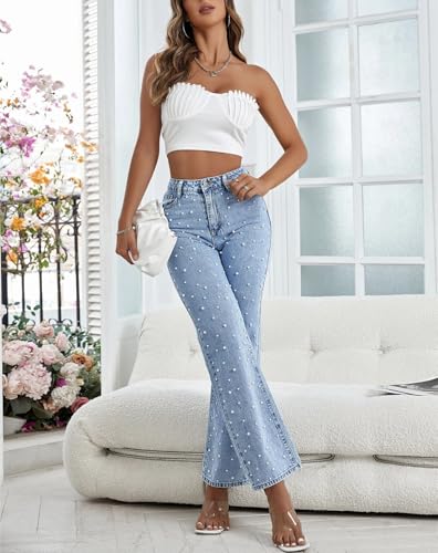 Kedera Womens Flare Jeans High Waisted Wide Leg Baggy Jean for Women Stretch Denim Pants Light Blue - Image 3