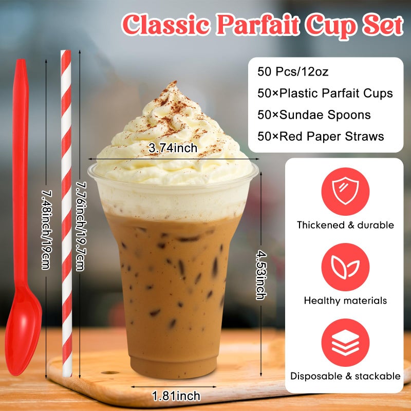 Baderke 50 Sets Plastic Parfait Cups with Red Plastic Soda Spoons and Paper Straws Disposable Root Beer Float Cups Clear Milkshake Mugs for Ice Cream Sundae Yogurt Party Drinks (12oz) - Image 3