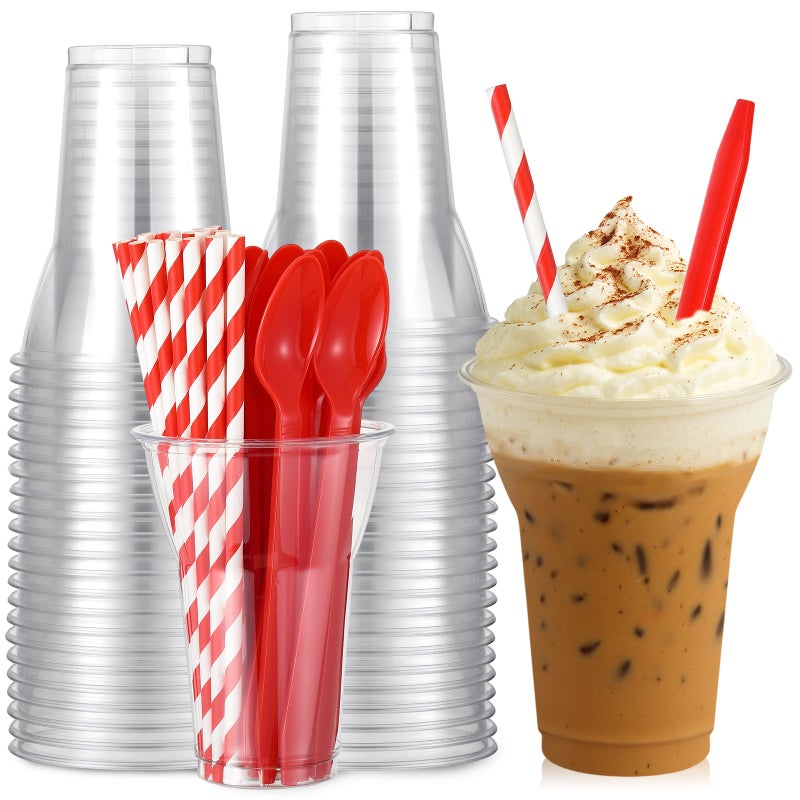 Baderke 50 Sets Plastic Parfait Cups with Red Plastic Soda Spoons and Paper Straws Disposable Root Beer Float Cups Clear Milkshake Mugs for Ice Cream Sundae Yogurt Party Drinks (12oz) - Image 1