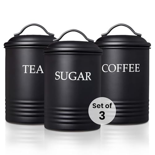 Steelware Central Kitchen Canister Set of 3 Sugar Coffee Tea with lids Food Storage, Black - Image 1