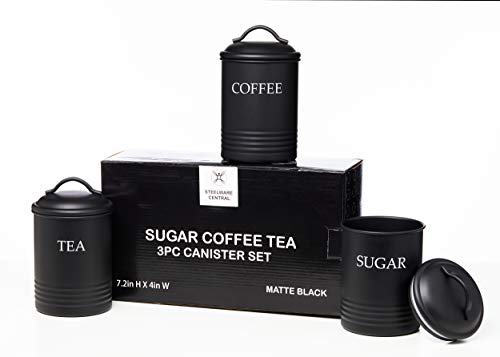 Steelware Central Kitchen Canister Set of 3 Sugar Coffee Tea with lids Food Storage, Black - Image 5