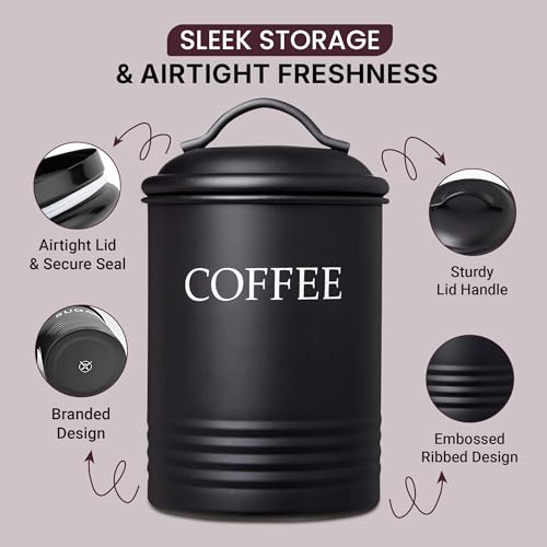 Steelware Central Kitchen Canister Set of 3 Sugar Coffee Tea with lids Food Storage, Black - Image 3