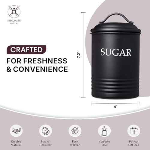 Steelware Central Kitchen Canister Set of 3 Sugar Coffee Tea with lids Food Storage, Black - Image 2