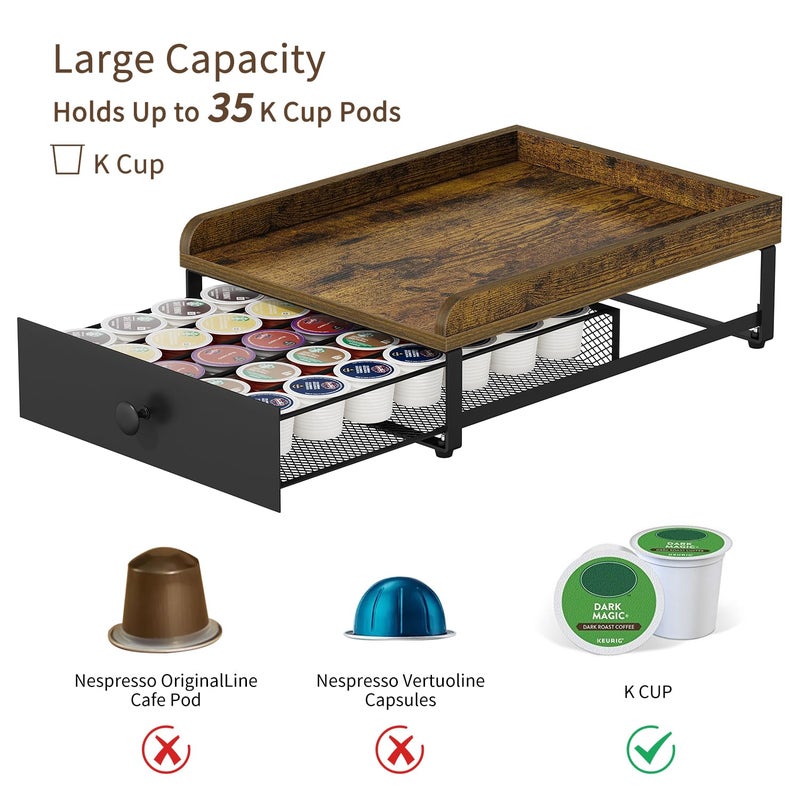 YINMIT Coffee Pod Holder Drawer, Wood K Cup Holder for Counter, Coffee Pod Organizer for K Cup, 35 Capacity Capsule Pods Storage K Cup Drawer Organizer with Sliding Baskets for Home, Kitchen, Retro - Image 4