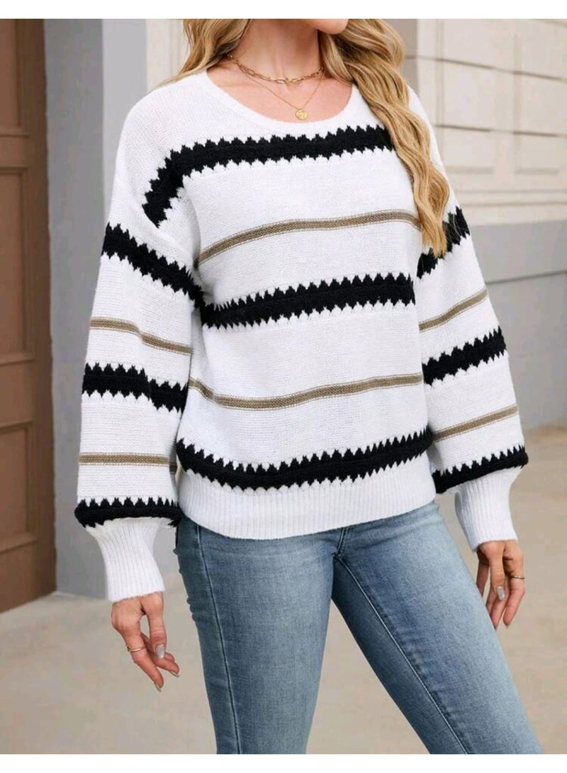 Shein Women's Fashionable Color Block Striped Drop Shoulder Long Sleeve Casual PULLOVER SHEIN - Image 2