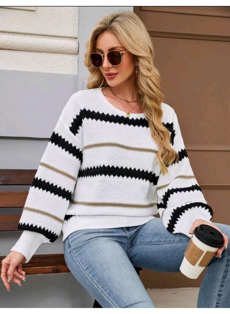 Shein Women's Fashionable Color Block Striped Drop Shoulder Long Sleeve Casual PULLOVER SHEIN - Image 4