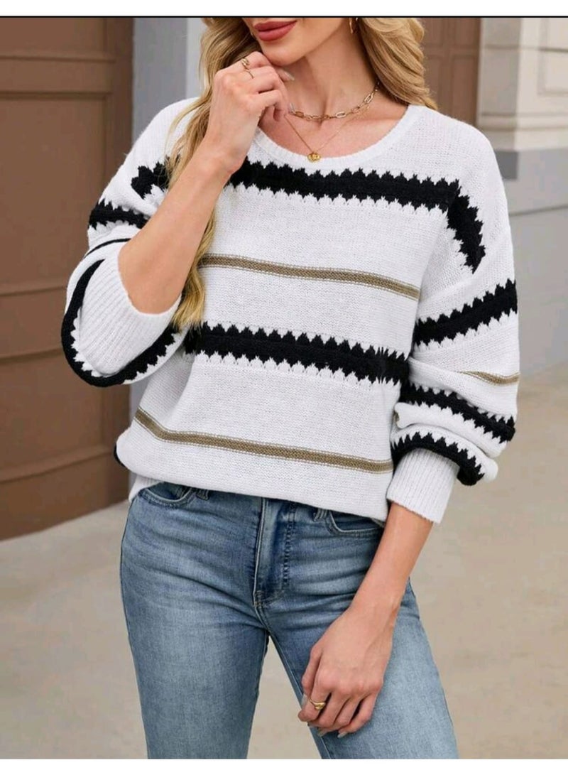 Shein Women's Fashionable Color Block Striped Drop Shoulder Long Sleeve Casual PULLOVER SHEIN - Image 1