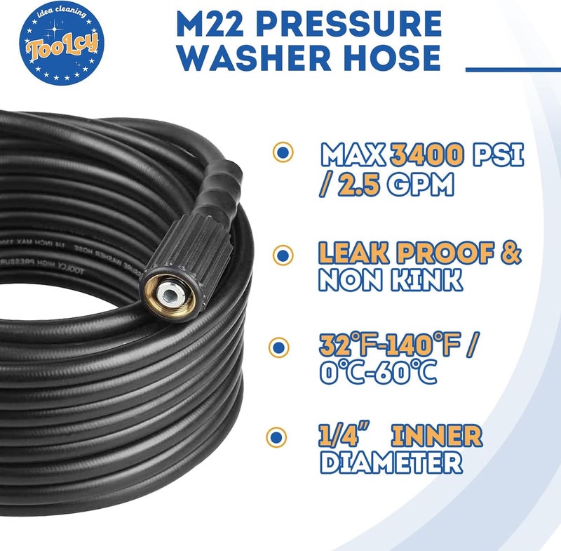 TOOLCY Pressure Washer Hose, 3400 PSI, 25 ft 1/4" Kink Resistant Power Washer Hose M22 Replacement for Ryobi, Troy Bilt, Greenworks, Craftsman High PressureWashers - Image 2