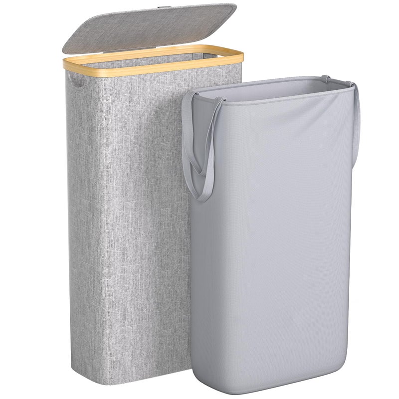 Foluck Slim Laundry Hamper 60L Waterproof Narrow Laundry Basket with Lid and Removable Bag Collapsible Tall Clothes Hamper with Bamboo Handles for Clothes Toys in Dorm Bedroom Bathroom Grey