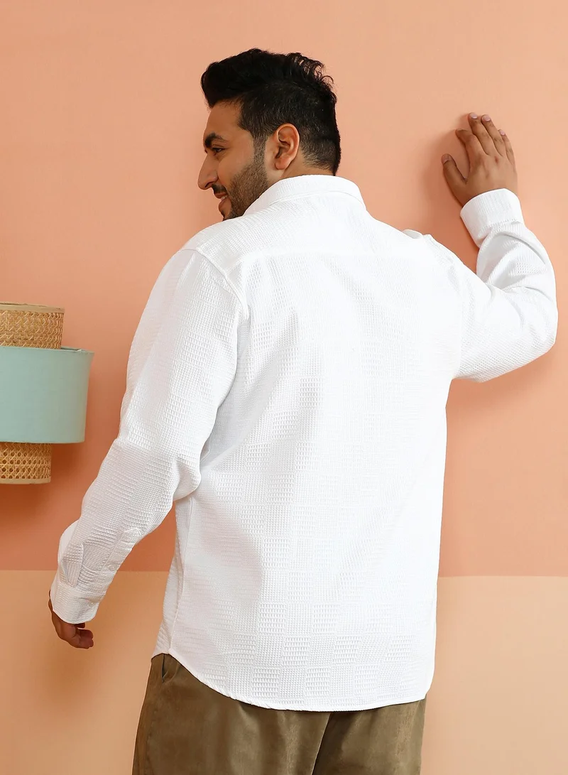 Instafab Plus Instafab Plus Men's Chalk White Grid-Block Tactile Shirt For Casual Wear | Spread Collar | Long Cuffed Sleeves | Button Closure | Plus Size Shirt Crafted With Comfort Fit For Everyday Wear