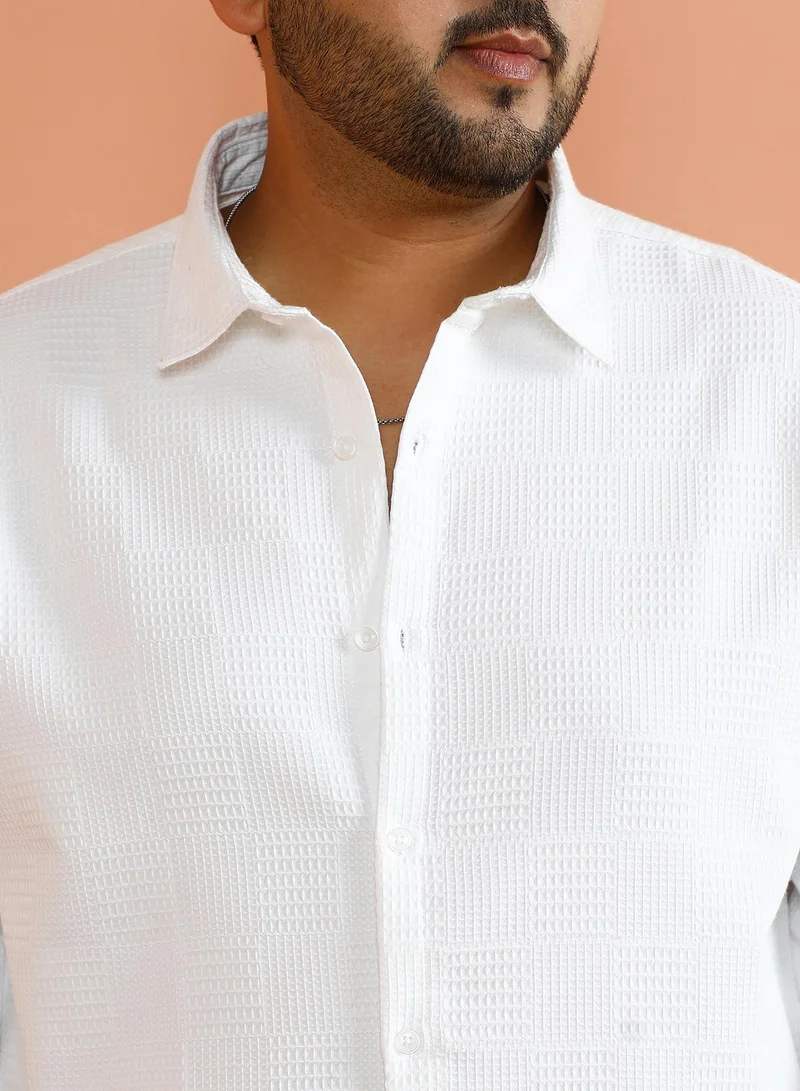 Instafab Plus Instafab Plus Men's Chalk White Grid-Block Tactile Shirt For Casual Wear | Spread Collar | Long Cuffed Sleeves | Button Closure | Plus Size Shirt Crafted With Comfort Fit For Everyday Wear