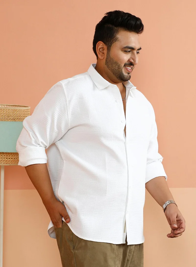 Instafab Plus Instafab Plus Men's Chalk White Grid-Block Tactile Shirt For Casual Wear | Spread Collar | Long Cuffed Sleeves | Button Closure | Plus Size Shirt Crafted With Comfort Fit For Everyday Wear