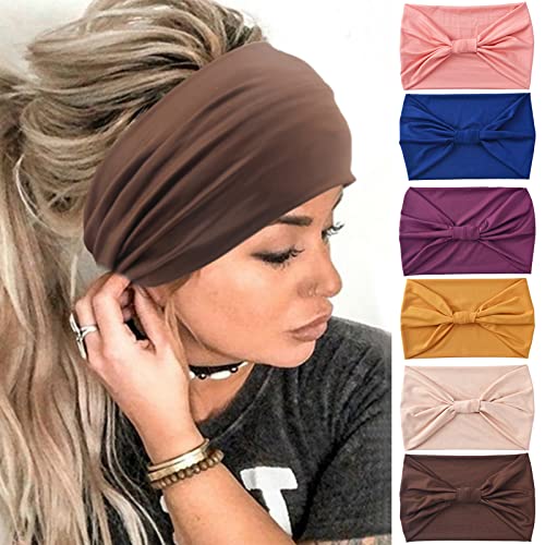 Yeshan Wide Headbands for Women No Slip African Boho Headband Solid Bandana Head bands Elastic Yoga Workout Sweat Bands Running Sport Turban Knotted Headwraps,Pack of 6 - Image 1