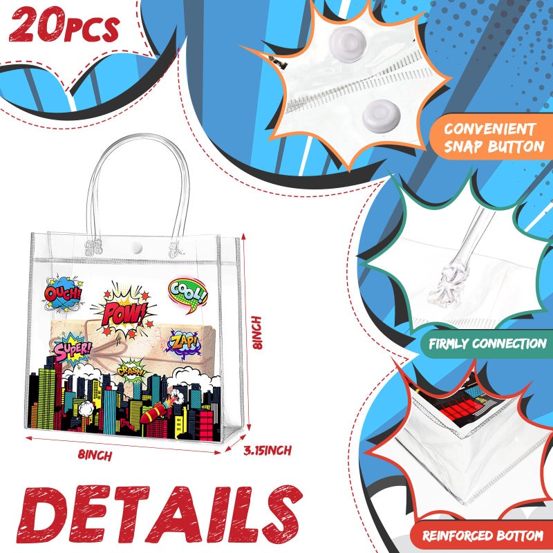 Aliceset 20 Pcs Hero Clear Favor Bags with Handles Hero Party PVC Treat Plastic Gift Bags for Birthday Party Rewards Supplies, 8 x 8 x 3.15 Inch - Image 2