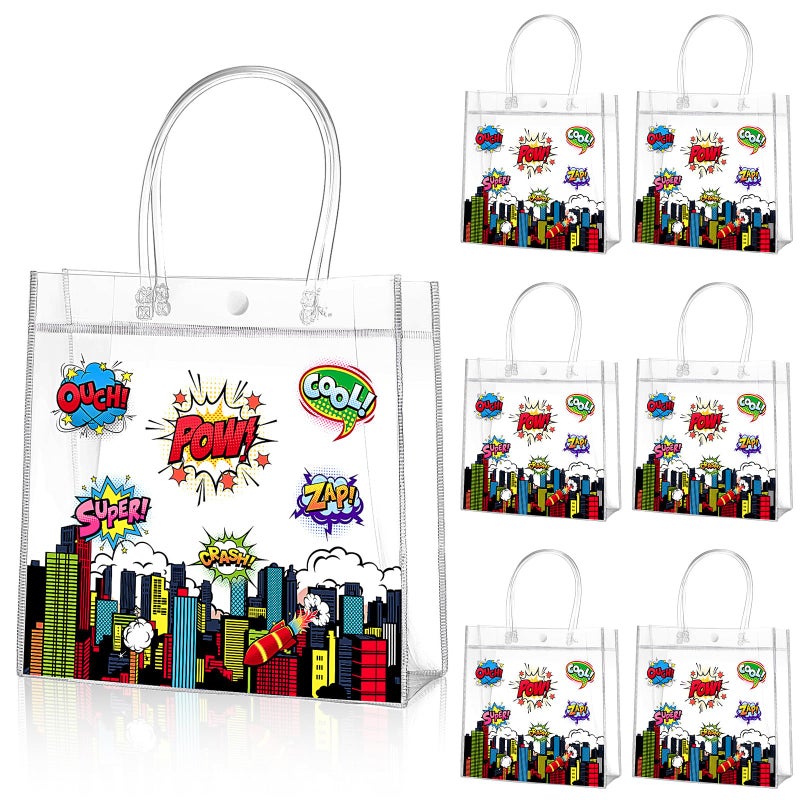 Aliceset 20 Pcs Hero Clear Favor Bags with Handles Hero Party PVC Treat Plastic Gift Bags for Birthday Party Rewards Supplies, 8 x 8 x 3.15 Inch - Image 1