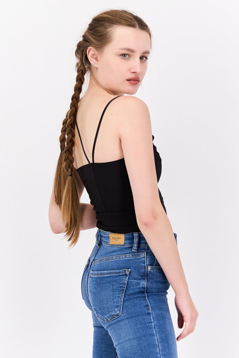 Extro&Vert Women Plain Sleeveless Bodysuit, Black - Image 2