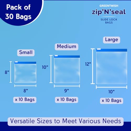 GREENTWISH Zip 'N' Seal (30 PCS Combo) Slider Zip Lock Bag, Food Vegetable Fruit Fridge Storage Bag, Freezer/Microwave Safe, Reusable LDPE Transparent Zipper Bag | Small x10, Medium x10, Large x10 - Image 2