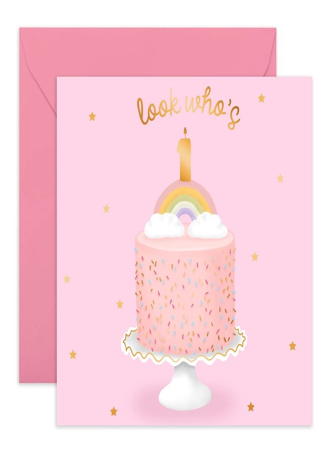 سنترال 23 بطاقة معايدة عيد الميلاد الأول من سنترال ٢٣ - لفتاة عيد ميلادها الأول - بعمر سنة واحدة - كعكة قوس قزح - تأتي مع ملصقات لطيفة - Image 1