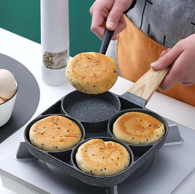 4 Hole Non Stick Egg Frying pan with Detachable Wooden Handle, Multi-Purpose Frying pan for Omelet uttapam,idli Burger Poached Egg Kitchen Breakfast(1pcs) (Black)  - Image 4