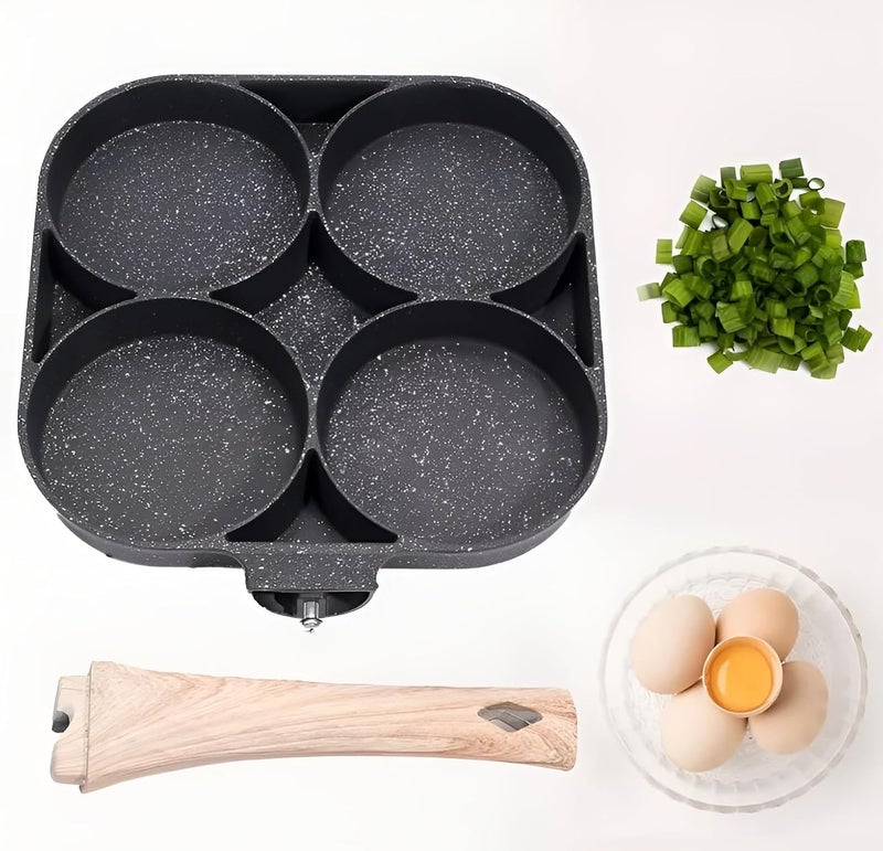 4 Hole Non Stick Egg Frying pan with Detachable Wooden Handle, Multi-Purpose Frying pan for Omelet uttapam,idli Burger Poached Egg Kitchen Breakfast(1pcs) (Black)  - Image 5