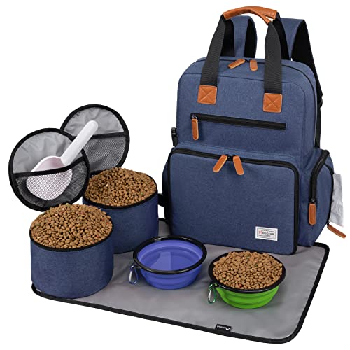 Modoker Dog Travel Bag Airline Approved Backpack for Pet Accessories Organizer Tote Weekend Bag with 2 Dog Food Containers 2 Collapsible Bowls 1 Pet Mat Blue