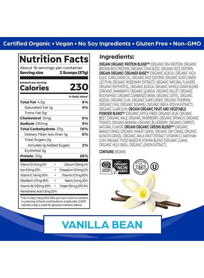 Orgain Organic Meal, Vegan Meal Replacement Protein Powder, Vanilla Bean - 20g Plant Based Protein, 6g Prebiotic Fiber, Fruits, Vegetables & Greens, Gluten Free, Shakes & Smoothies, 2.01lb - Image 1