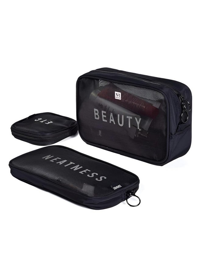 NFI essentials Polyester Mesh Makeup Pouch for Women Set of 3 Travel Toiletries Organizer Cosmetic Bags Portable Organizer Case Carry Pouch for Women Zipper Toiletry Pouch Pack 3 - Image 1