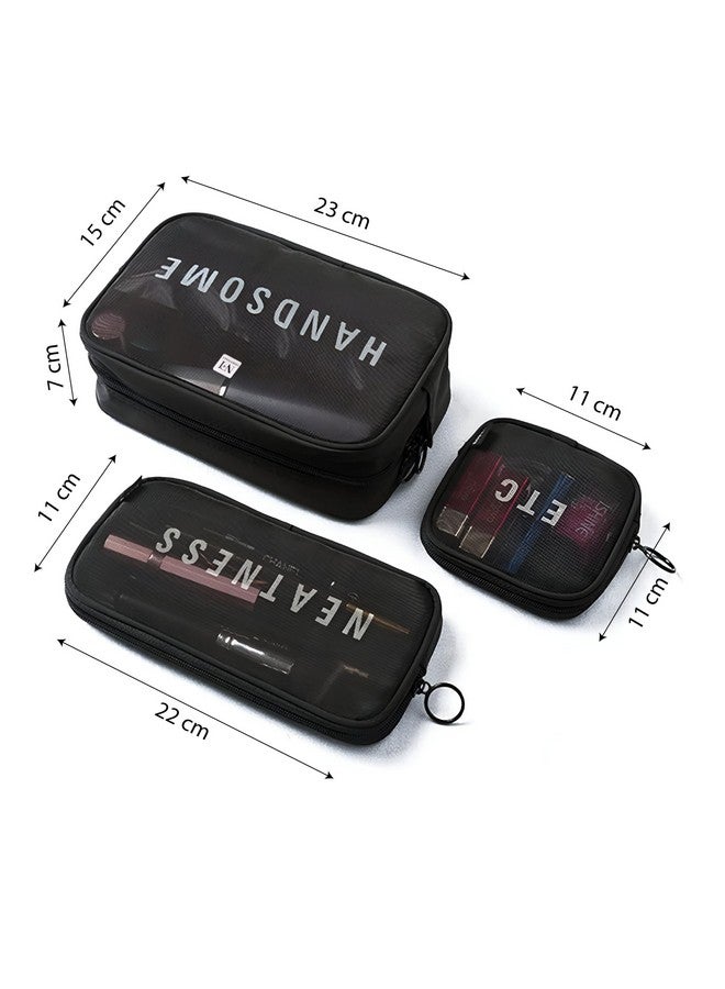 NFI essentials Polyester Mesh Makeup Pouch for Women Set of 3 Travel Toiletries Organizer Cosmetic Bags Portable Organizer Case Carry Pouch for Women Zipper Toiletry Pouch Pack 3 - Image 5