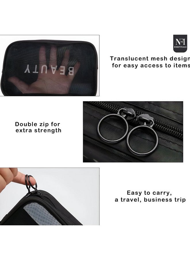 NFI essentials Polyester Mesh Makeup Pouch for Women Set of 3 Travel Toiletries Organizer Cosmetic Bags Portable Organizer Case Carry Pouch for Women Zipper Toiletry Pouch Pack 3 - Image 3