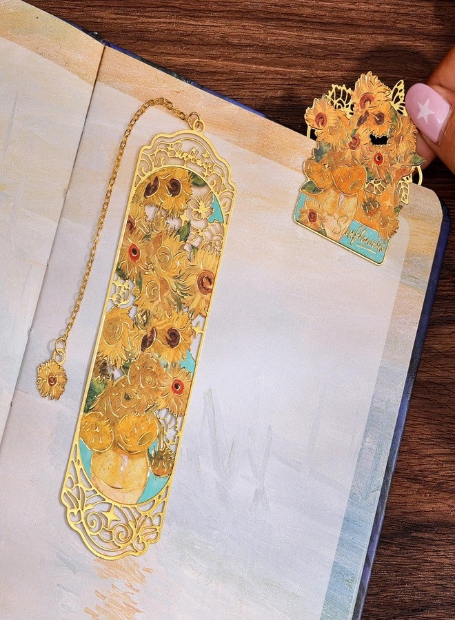 emmoolife Luxury Metal Bookmark & Book Clip Gift Set, Oil Painting Themed Sunflowers, 1 Bookmark with Pendant + 1 Book Clip, Elegant Christmas New Year Gift Box for Women Book Lovers Writers Readers Teens - Image 4