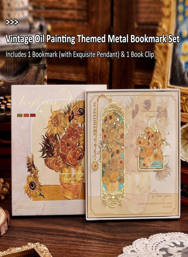 emmoolife Luxury Metal Bookmark & Book Clip Gift Set, Oil Painting Themed Sunflowers, 1 Bookmark with Pendant + 1 Book Clip, Elegant Christmas New Year Gift Box for Women Book Lovers Writers Readers Teens - Image 3