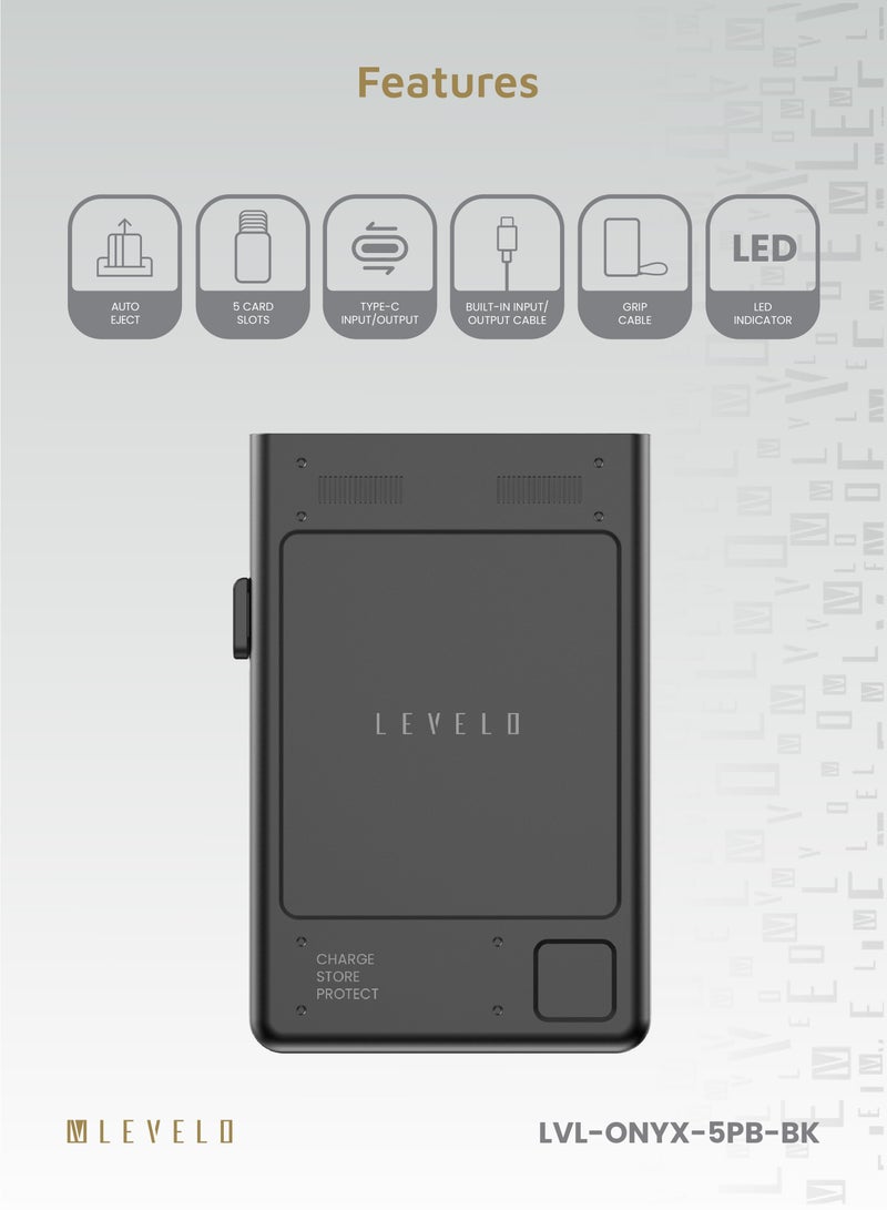 باور بانك محمول 5000 مللي أمبير في الساعة 3 في 1 من أونيكس / شحن سريع 12 وات / حماية RFID / مؤشر LED / كابل قبضة / إخراج تلقائي - أسود