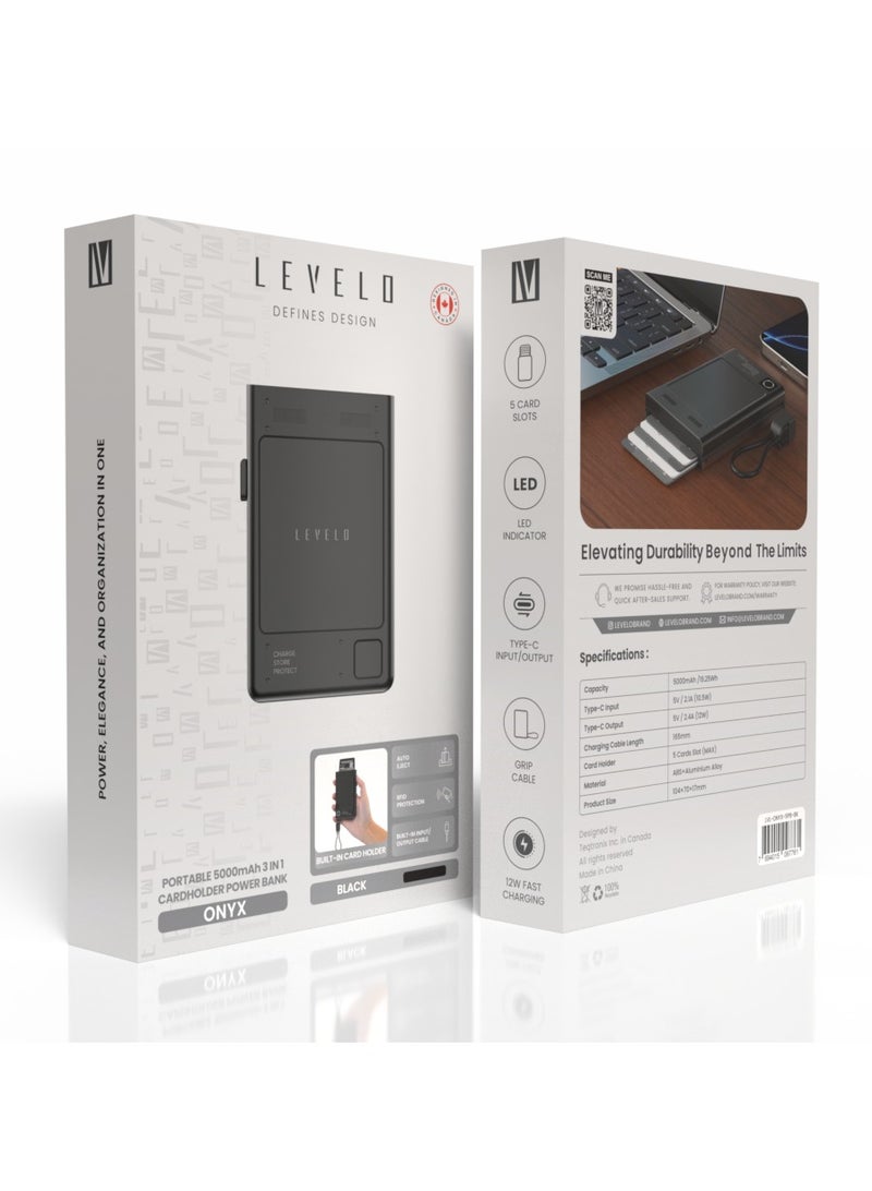 باور بانك محمول 5000 مللي أمبير في الساعة 3 في 1 من أونيكس / شحن سريع 12 وات / حماية RFID / مؤشر LED / كابل قبضة / إخراج تلقائي - أسود