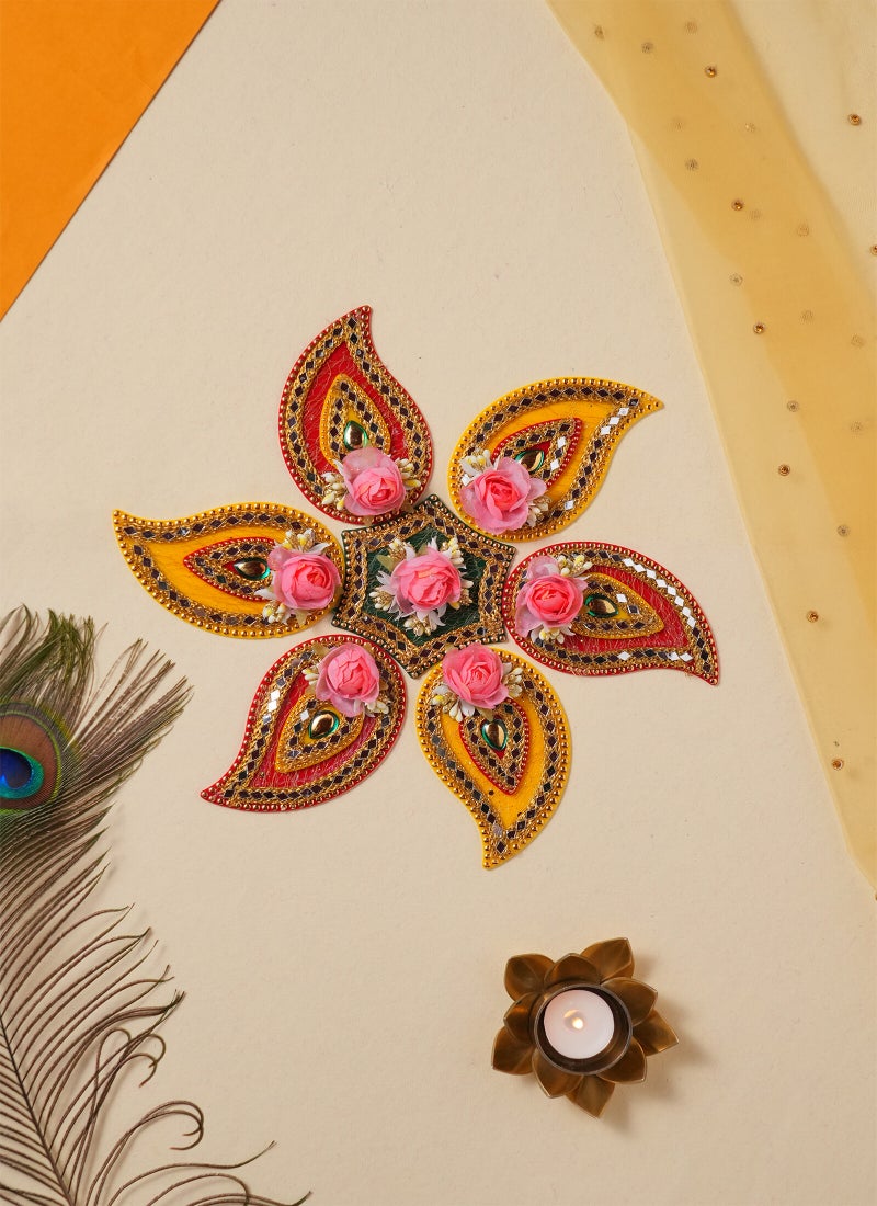 Madhoor Decorative Rangoli Design Yellow Rani Pink for Diwali, Pooja & Festive Floor Decor, 10 Inches, 1 Set - Image 3