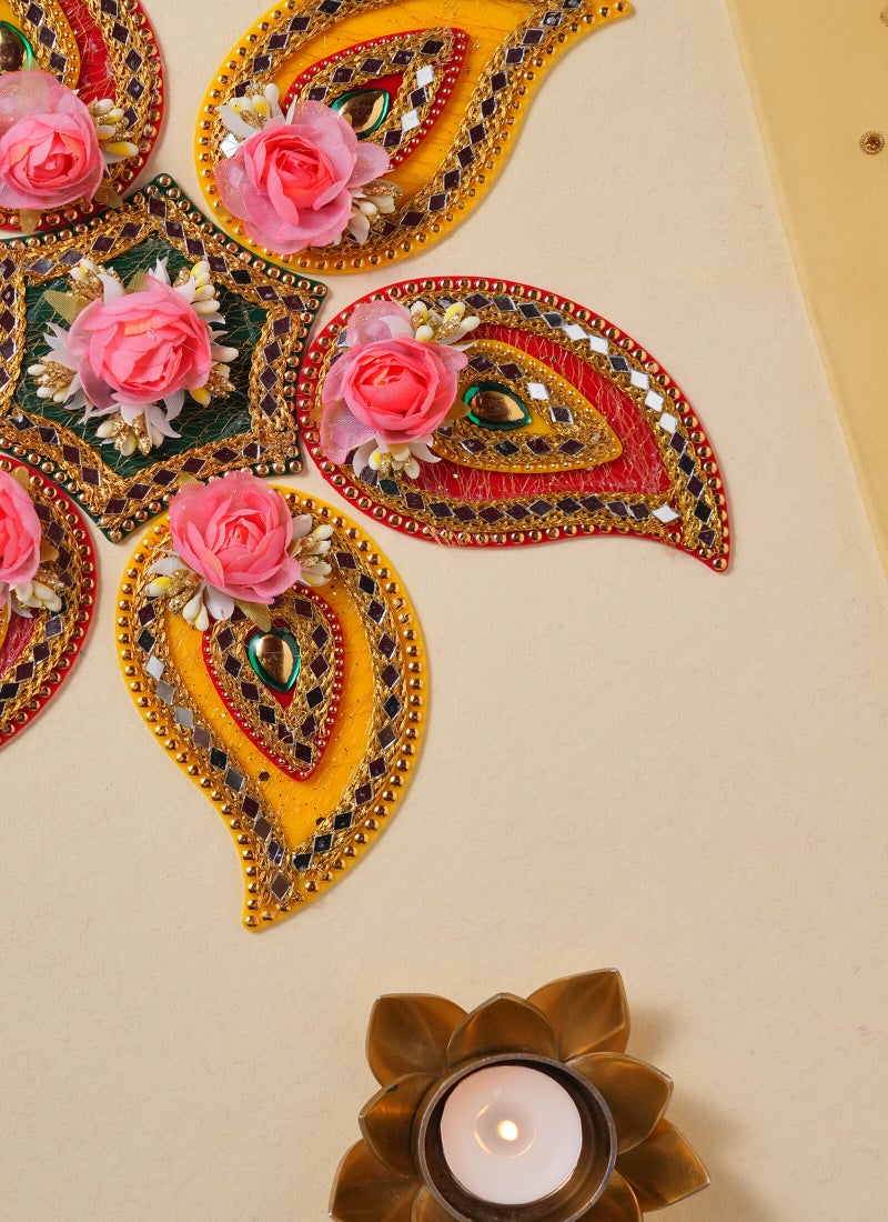 Madhoor Decorative Rangoli Design Yellow Rani Pink for Diwali, Pooja & Festive Floor Decor, 10 Inches, 1 Set - Image 2
