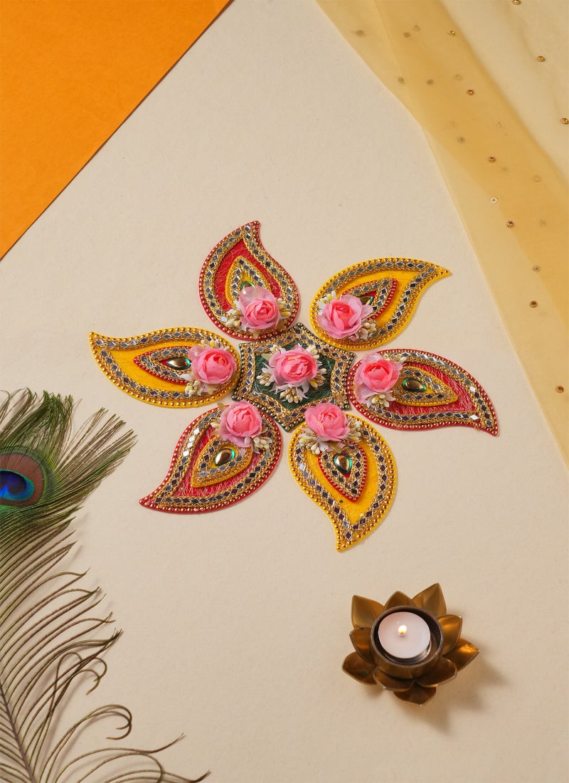 Madhoor Decorative Rangoli Design Yellow Rani Pink for Diwali, Pooja & Festive Floor Decor, 10 Inches, 1 Set - Image 1