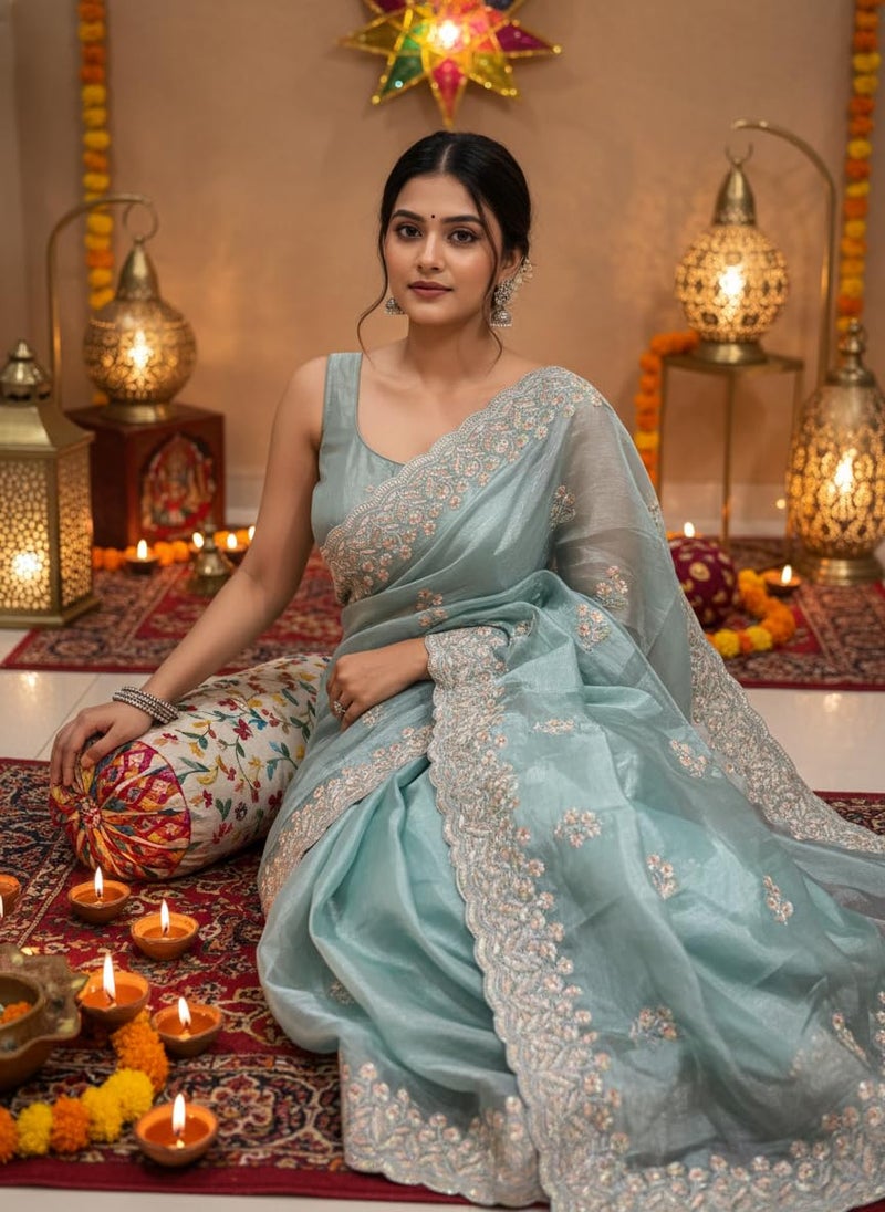 Glory Sarees Women’s Organza Chiffon Embroidery Work Scallop Border Saree With Blouse Piece (Chiffon101_SeaGreen) - Image 2