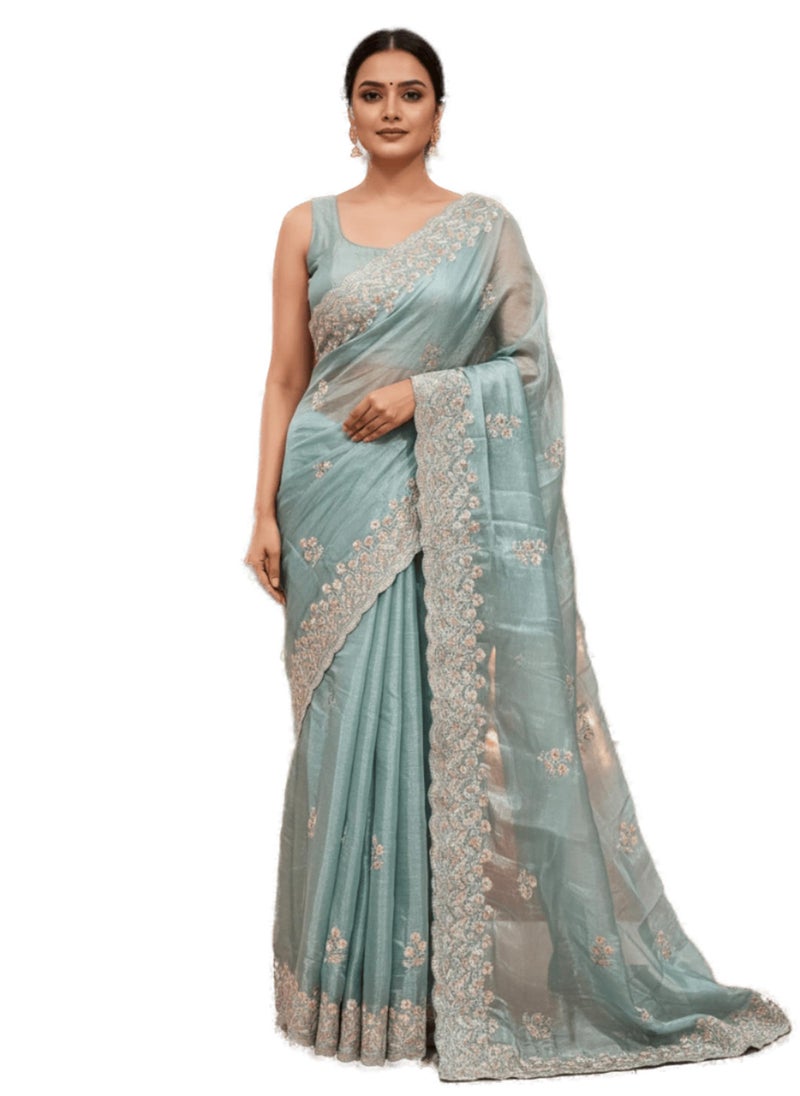 Glory Sarees Women’s Organza Chiffon Embroidery Work Scallop Border Saree With Blouse Piece (Chiffon101_SeaGreen) - Image 1