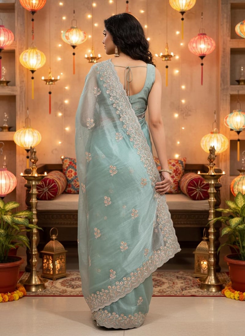 Glory Sarees Women’s Organza Chiffon Embroidery Work Scallop Border Saree With Blouse Piece (Chiffon101_SeaGreen) - Image 3