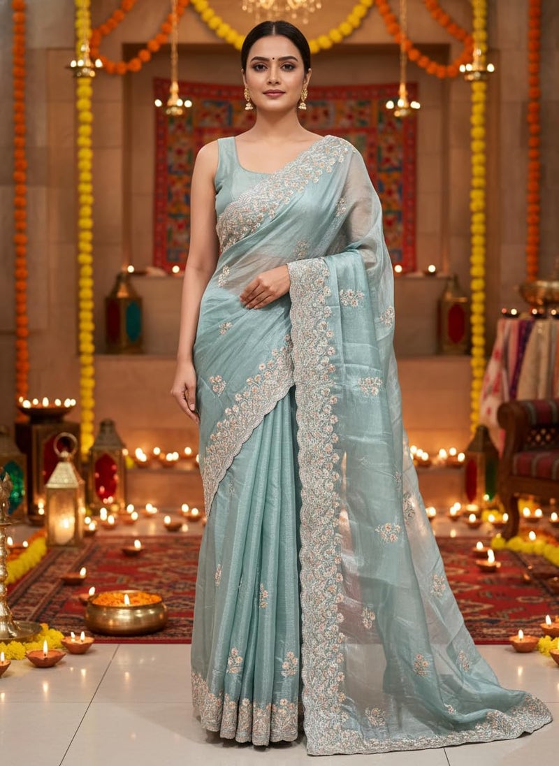 Glory Sarees Women’s Organza Chiffon Embroidery Work Scallop Border Saree With Blouse Piece (Chiffon101_SeaGreen) - Image 5