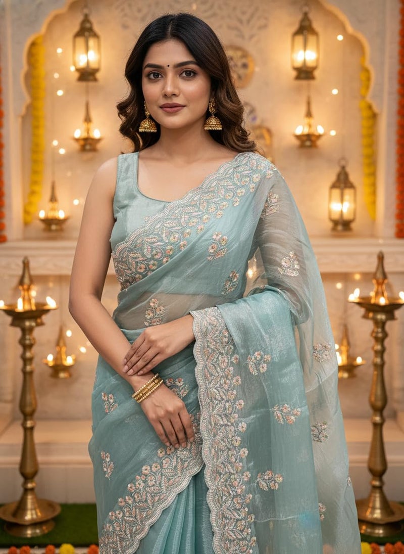 Glory Sarees Women’s Organza Chiffon Embroidery Work Scallop Border Saree With Blouse Piece (Chiffon101_SeaGreen) - Image 4