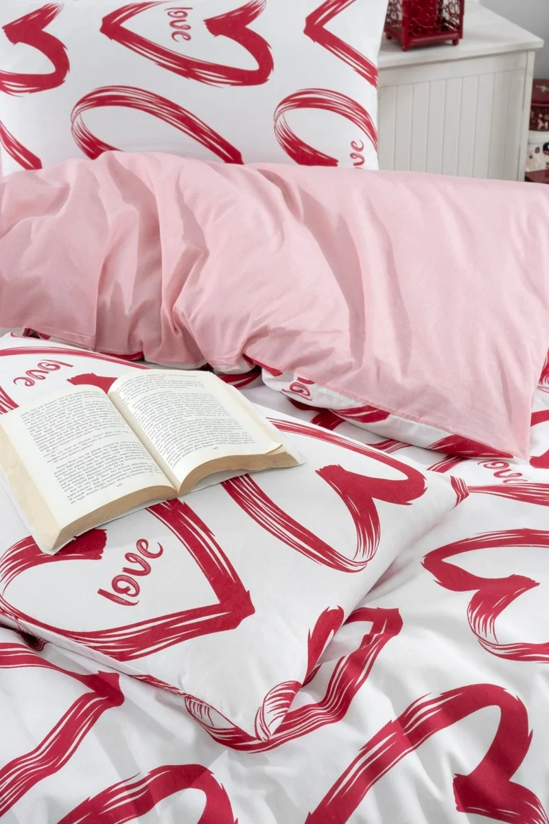Valezium Love Red Double Patterned Duvet Cover Set with Elastic Sheets and 2 Pillowcases