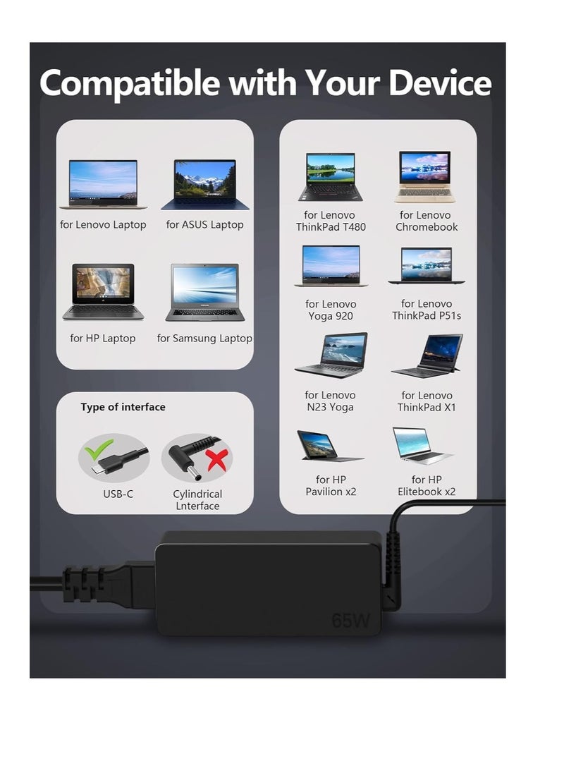 ماركة غير محددة 65 واط USB C Chromebook شحن سريع كابل إمداد الطاقة محول متوافق على نطاق واسع مع الأجهزة المتعددة مع واجهة Type-c  - Image 3