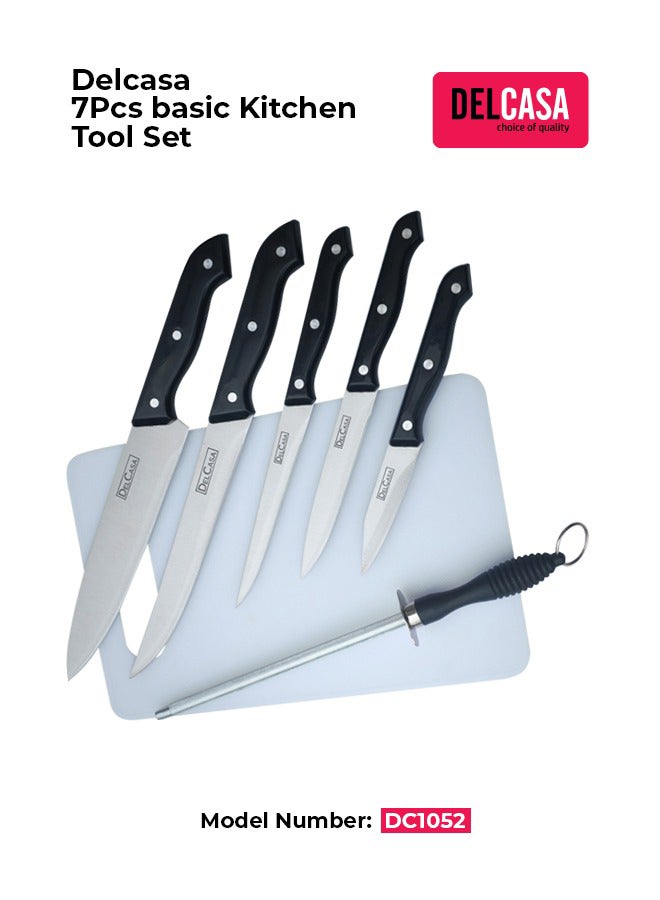 DELCASA 7-Piece Kitchen Knife With Plastic Cutting Board Set Black/Silver/White - Image 1