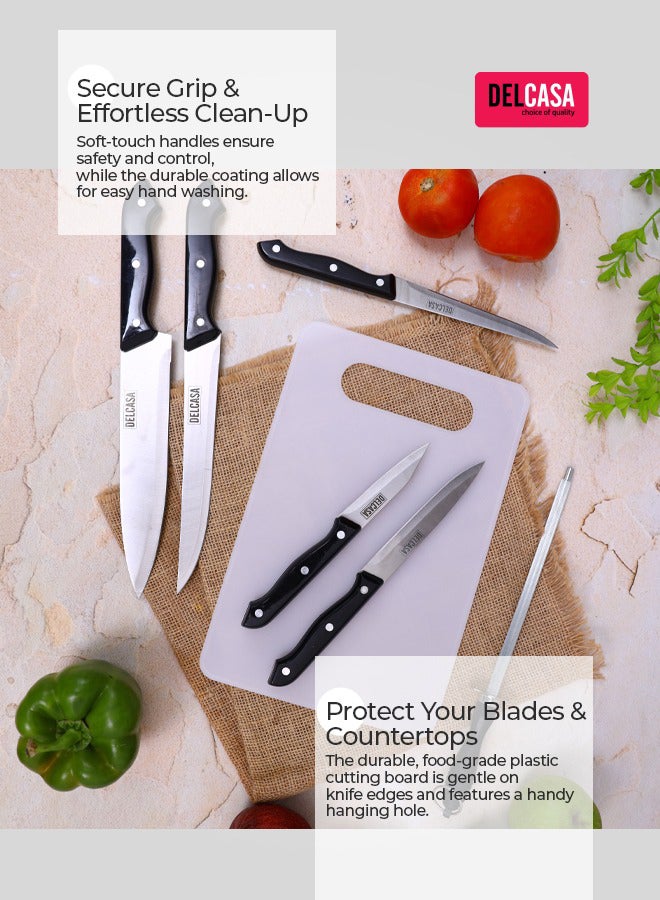 DELCASA 7-Piece Kitchen Knife With Plastic Cutting Board Set Black/Silver/White - Image 2