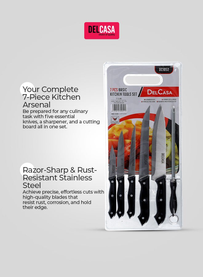 DELCASA 7-Piece Kitchen Knife With Plastic Cutting Board Set Black/Silver/White - Image 4