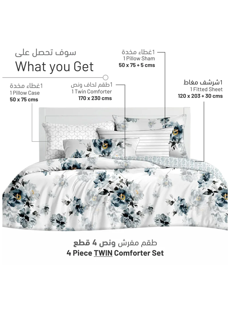 Donetella Printed Comforter Set 4-Pcs Single Size Bed Fits 140 x 200 Cm All Season Decorated Reversible Single Bed Comforter Set With Super-Soft Down Alterntaive Filing,Silver